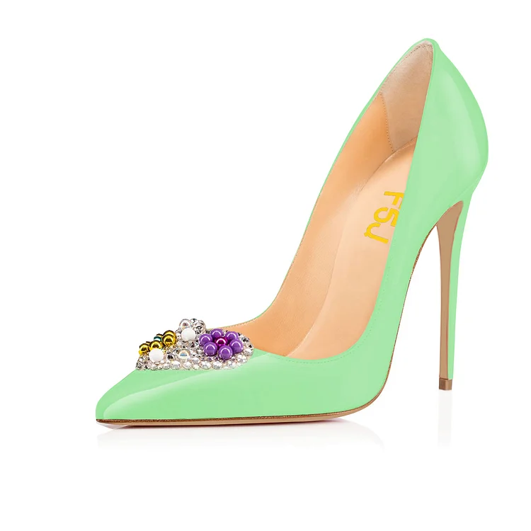 Lime Rhinestone Heels Patent Leather Pumps for Office Ladies |FSJ Shoes