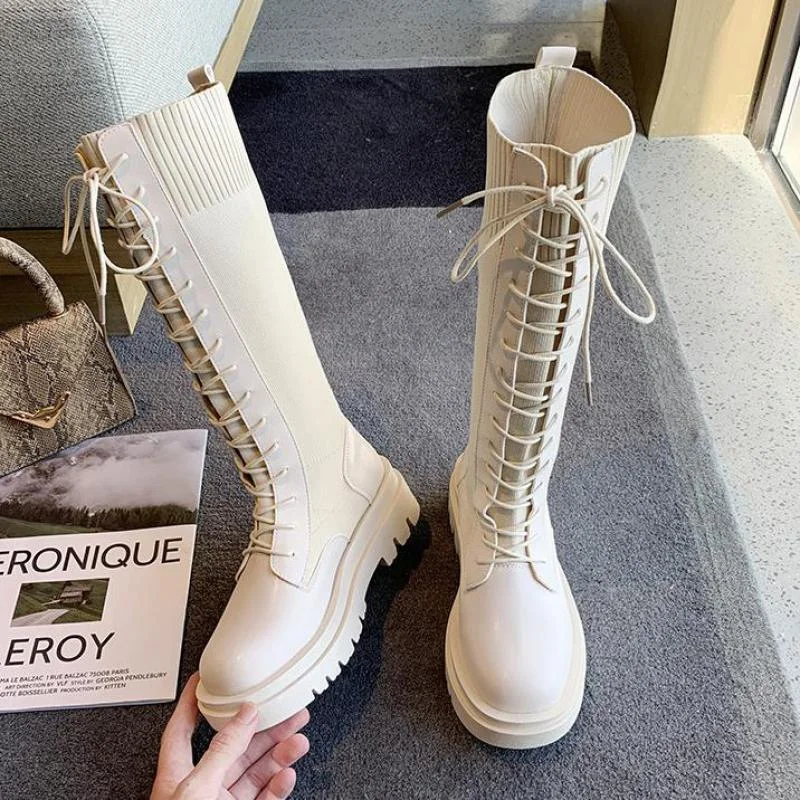 Ladies Paltform Shoes Autumn Women Knee High Boots Casual Pu Leather Lace Up Thick Sole Ytmtloy Stretch Fabric Botines De Mujer