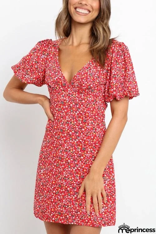 Casual Printed V Neck Lantern Sleeve Dress