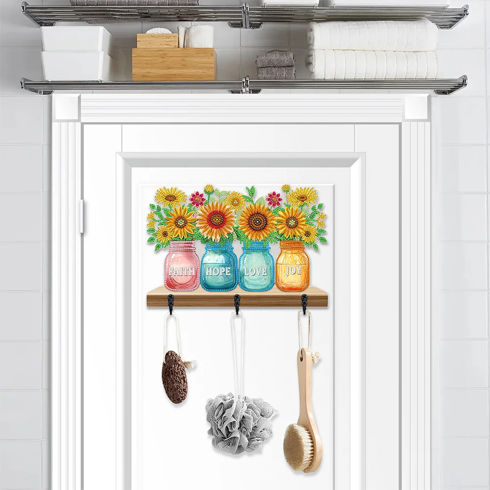 5D DIY Sunflower Vase Diamond Art Hooks Rhinestone Painting Coat Hook