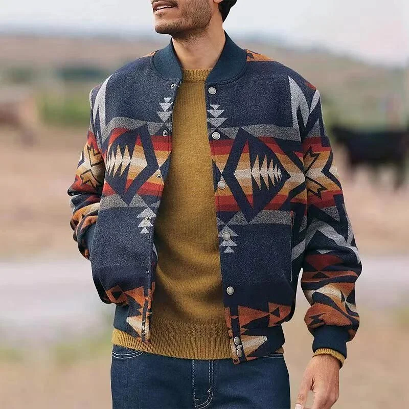 Rogoman Men's Vintage Western Geometric Pattern Bomber Jacket