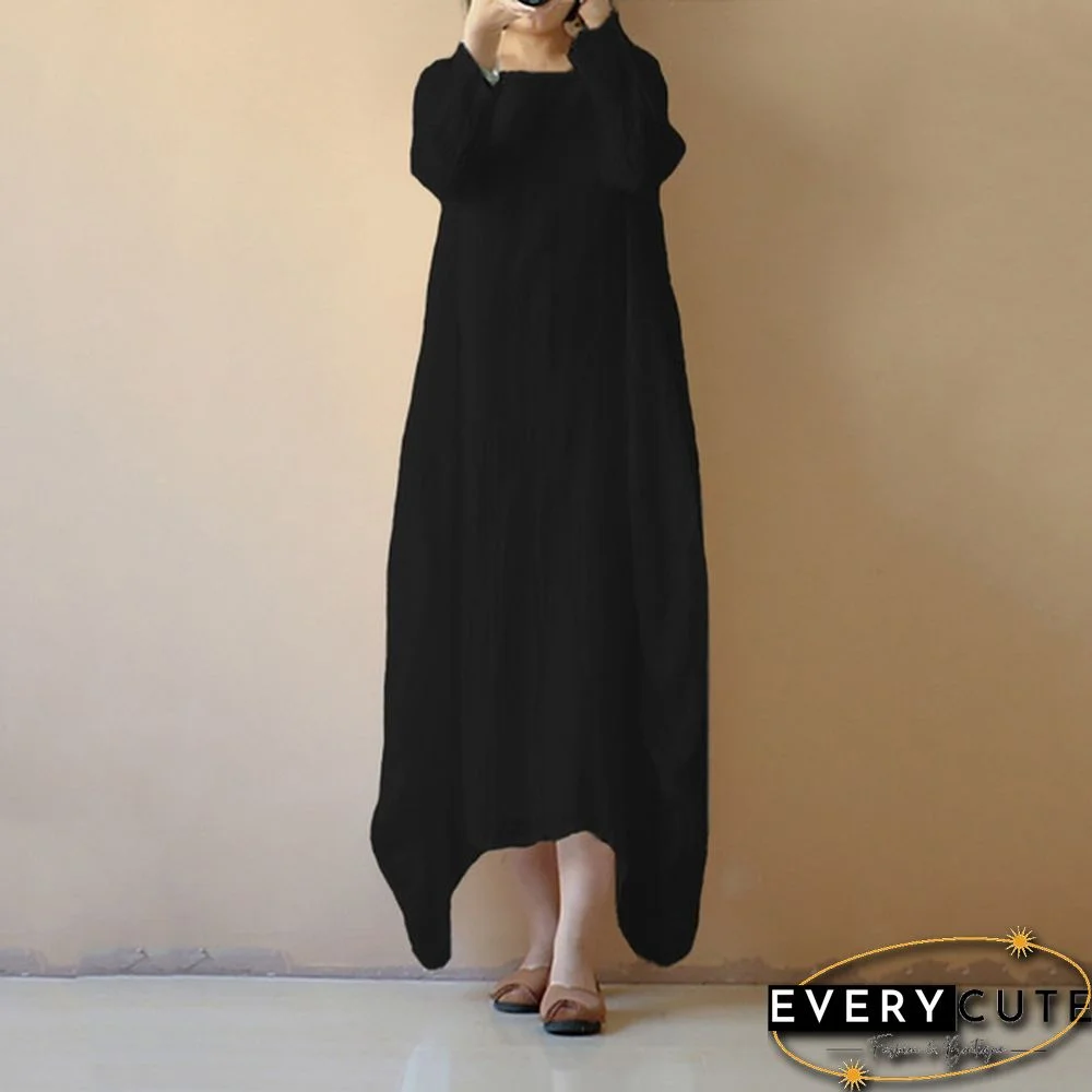 Womens Spring Light Comfy Cotton O Neck Solid Long Sleeve Long Shirt Dress Plus Size