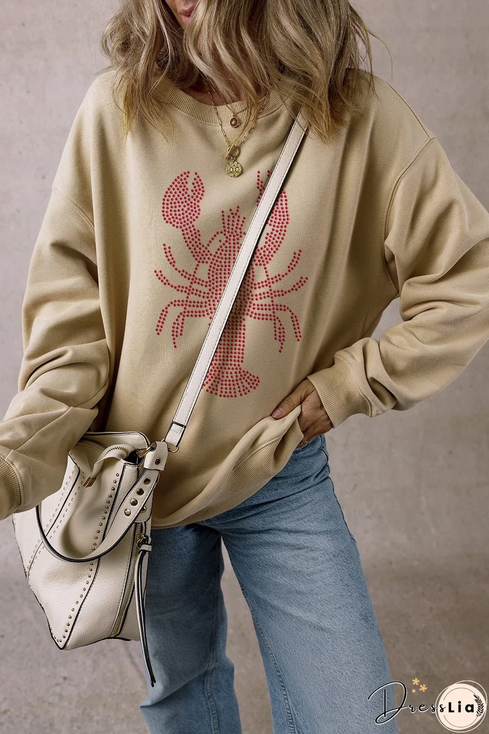 Parchment Rhinestone Crawfish Graphic Crewneck Oversized Sweatshirt