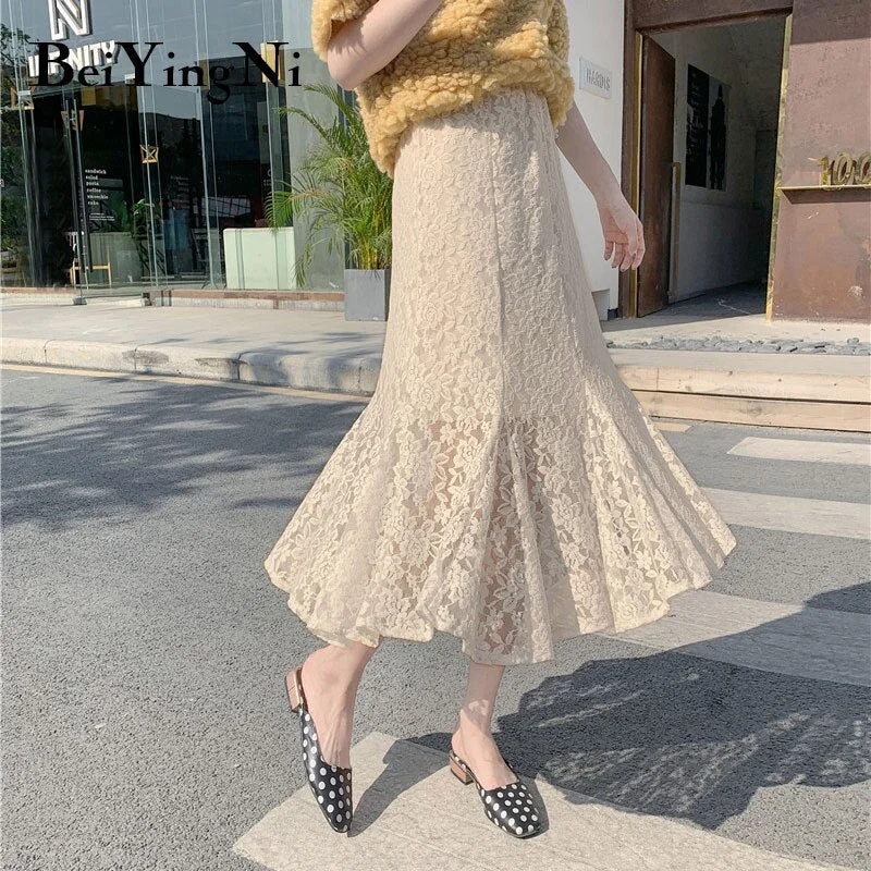 Beiyingni High Waist Skirt Lace White Vintage Fashion Elegant Lining Mermaid Skirts Womens Black Sexy Midi Korean Faldas Mujer