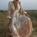 Retro Pink Rose Design V-neck Long-sleeve Casual Dress - Image 2