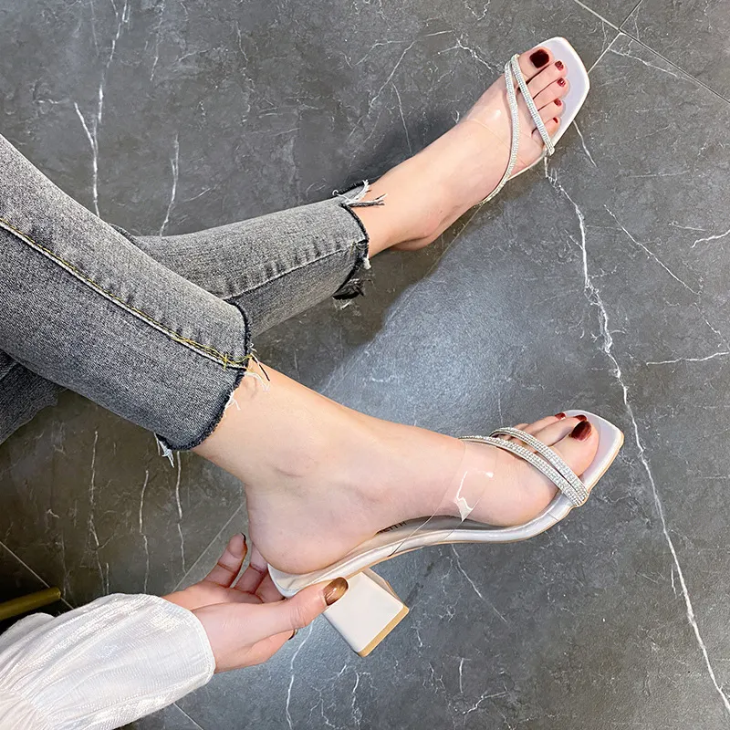 Breakj Breakj New Women's Coarse And Slippers Korean Version Of Simple Fashion Transparent Cool Slippers Outside The Square Half Slippers