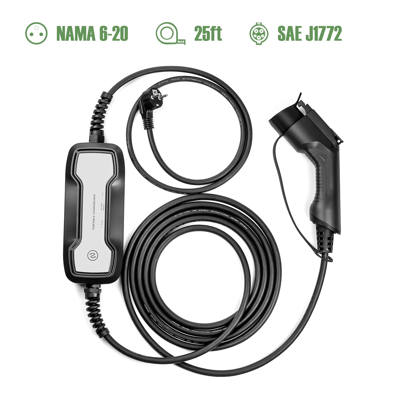 GEARZAAR 16A Portable EV Charger – 20ft Cable, NEMA 6-20, SAE J1772, 110V-240V, Lifetime Warranty