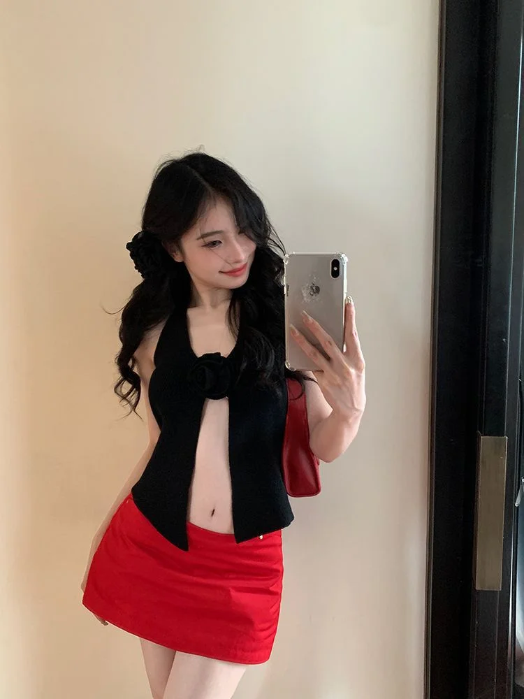 Uveng Uveng Red Three-Dimensional Rose Slings Pure Hottie Sexy Vest Irregularly Boiling Flowers Knitted Top