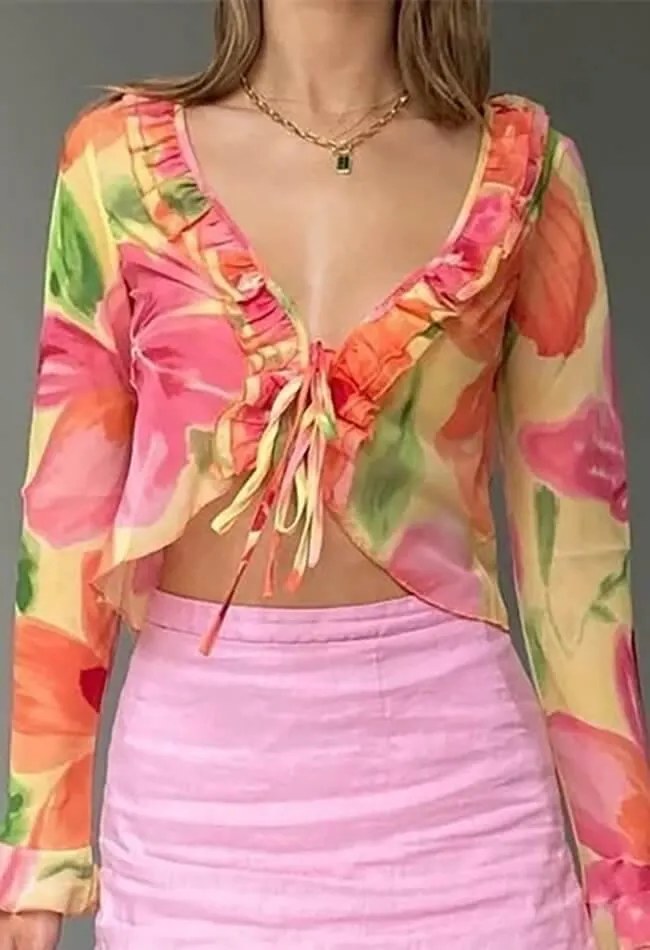 Plunge V Neck Chiffon Blouse