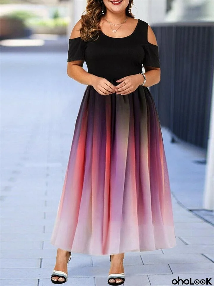 Oversized Round Neck Shoulder Cutout Gradient A Lined Dress for Party