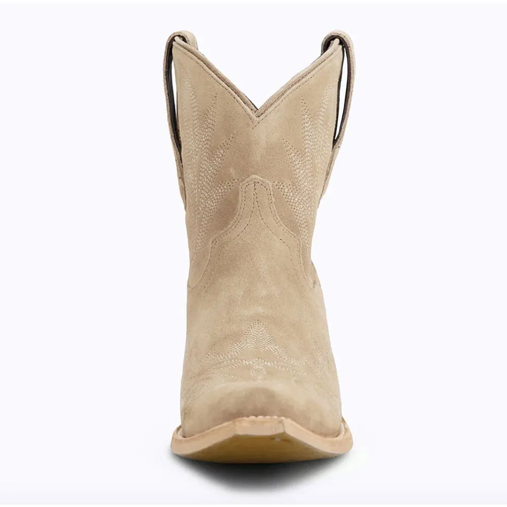 Beige Block Heel Embroidered Snip Toe Short Cowgirl Boots for Women