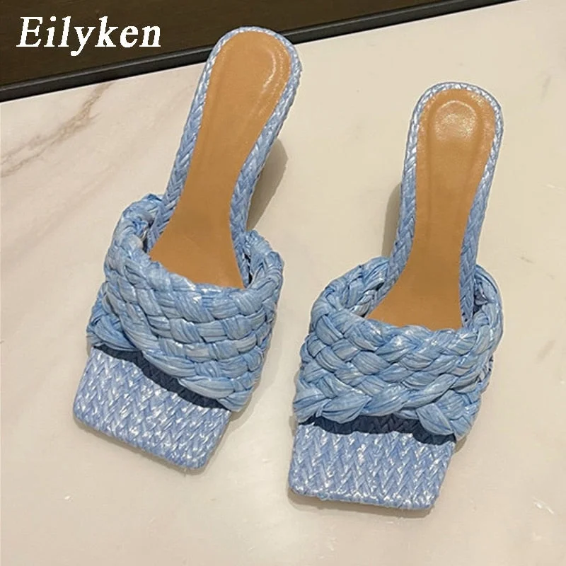Eilyken 2022 New Summer Design Weave Square Toe Heels High Quality Slippers Gladiator Beach Womens Sandal Slides Shoes