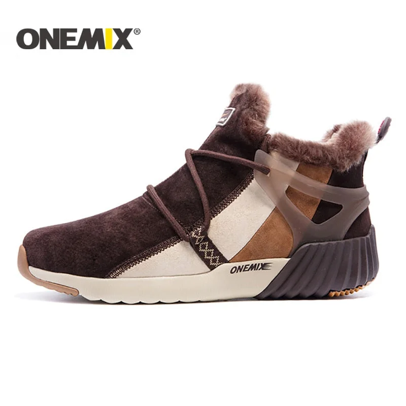 ONEMIX Men Boots Casual Winter Sneakers High Top Leather  New Vintage Warm Comfortable Plush Snow Ankle Boots Walking Shoes