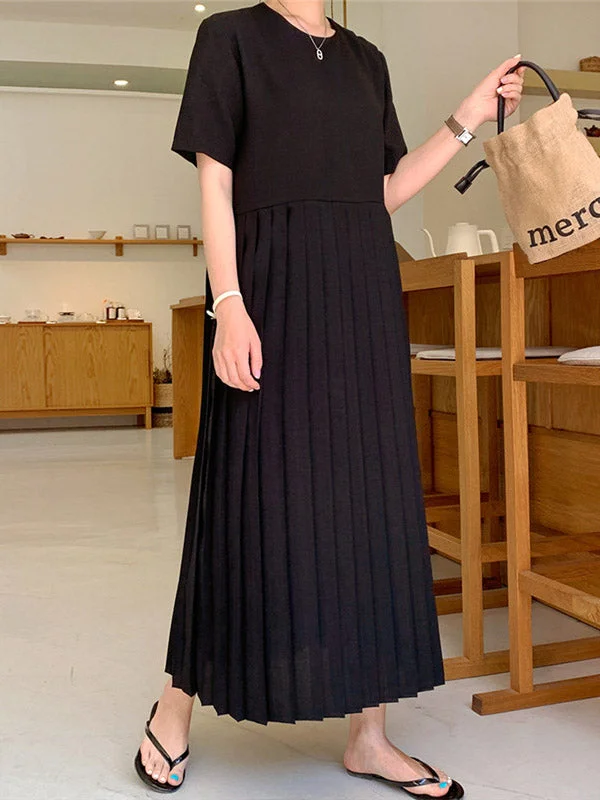 Urban Black Round-neck High Waisted Short Sleeve Pleated Hem Midi Dress