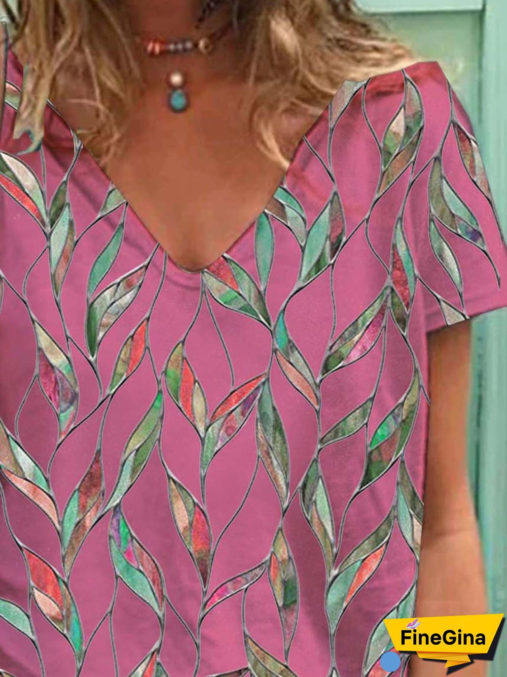 Leaves Short Sleeve Printed Cotton-blend V neck Holiday Summer Pink Top