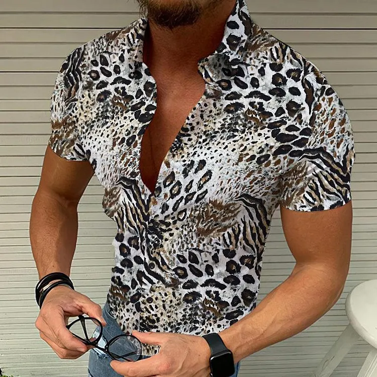 Men's Retro Leopard Lapel Short Sleeve Shirt 97416548TO
