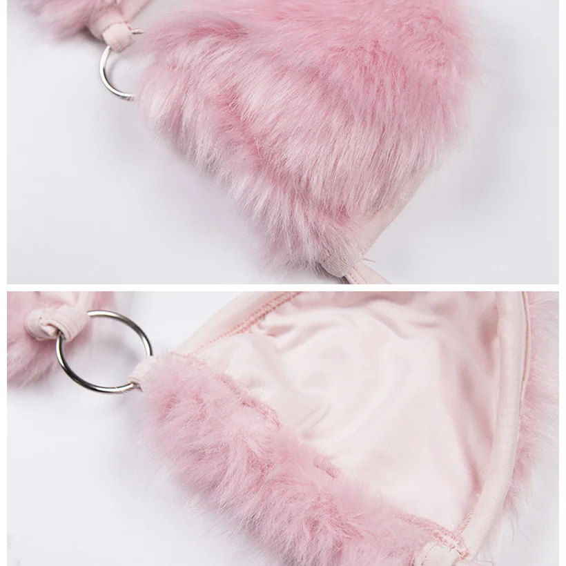 Mongw Fuzzy Pink Faux Fur Sexy Bralette Crop Top Rave Festival Halter Backless Bandage Summer Tops for Women 2023 C94-H01