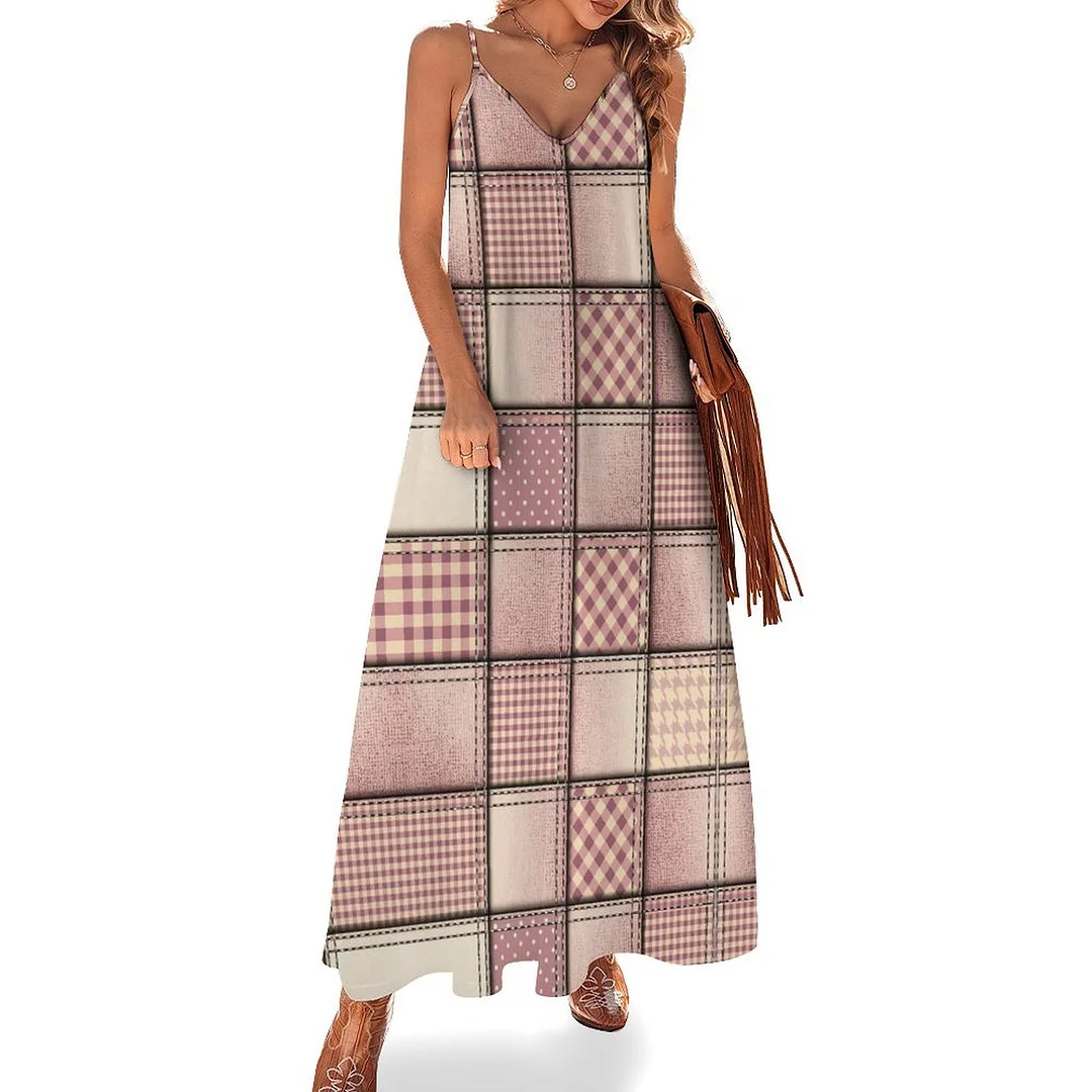 Style & Comfort for Mature Women Plus Size Printed Sling Casual Women Maxi Dress in Pattern Plaid, Pink, Patchwork