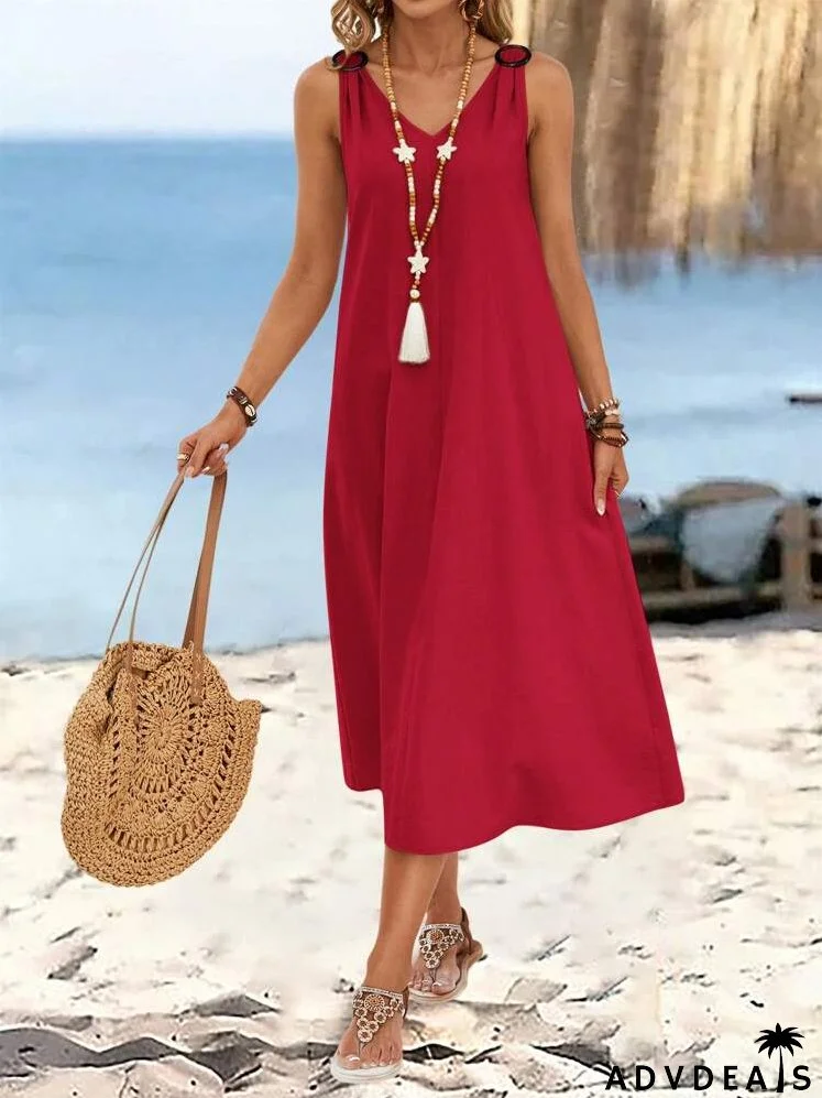 Women's Summer Solid Color Circular Ring Buckle V-Neck Sleeveless Long Dress