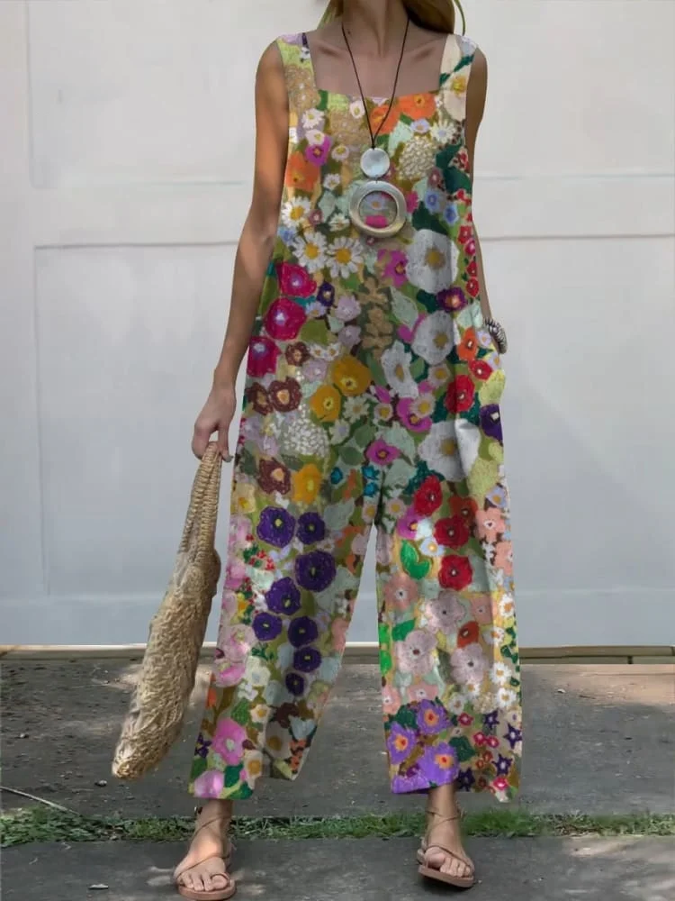 Women's Vintage Lovely Floral Art Print Casual 100% Cotton Wide Leg Jumpsuit