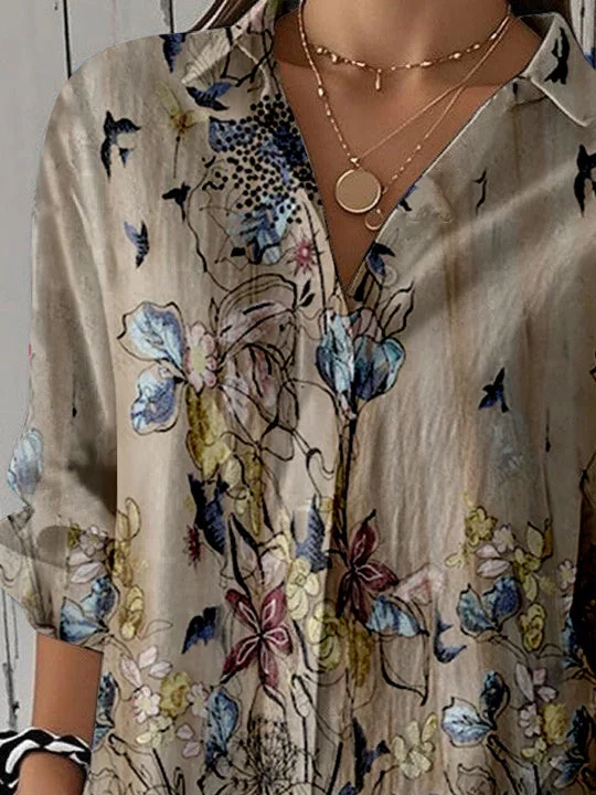 Women 3/4 Sleeve Shirt Collar Floral Printed Graphic Button Tops