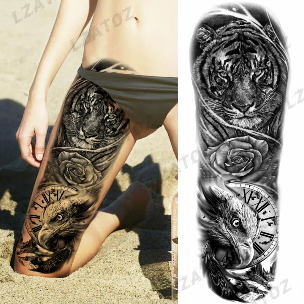 Sdrawing Sleeve Temporary Tattoos For Men Women Realistic Pirate Ship Wolf Tiger Skull Rose Flower Fake Tattoo Sticker Arm Tatoos