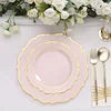 10 Pack | 10" Blush / Rose Gold Plastic Dinner Plates Disposable Tableware Round With Gold Scalloped Rim