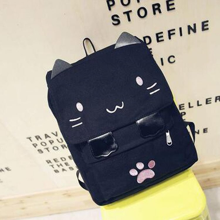 Cute Cat Canvas Embroidery Backpack - Gotamochi Kawaii Shop, Kawaii Clothes