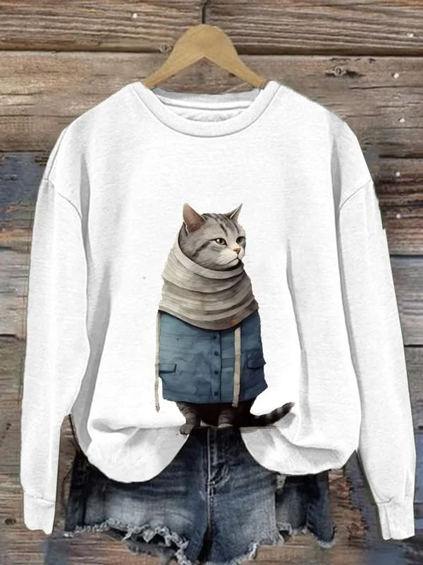 Women'S Winter Art Cat Print Crew Neck Casual Sweatshirt
