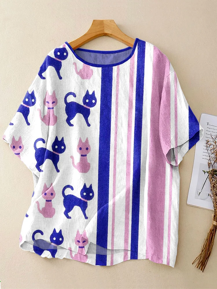 Women's Vintage Cat Line Art Print Casual Linen Crew Neck Shirt