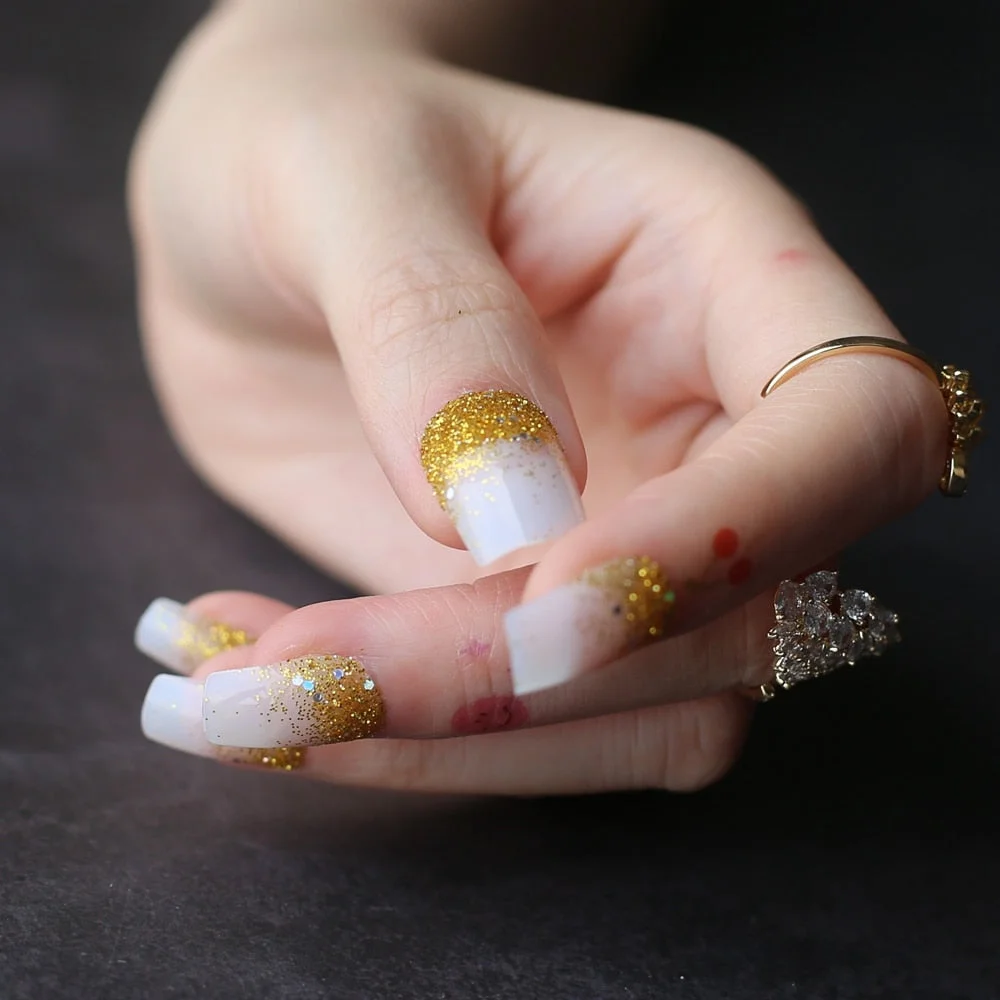 Square rectangular Natural acrylic false nails Ombre Glitter Beige Fake nails Art Golden glitter-Nail Inspo