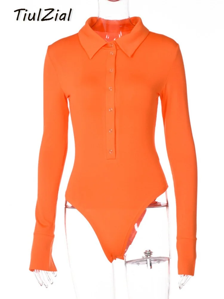 Button Autumn Winter Long Sleeve Bodysuit Women Turn Down Casual Bodysuit For Woman Body Female Black White Brown Tops