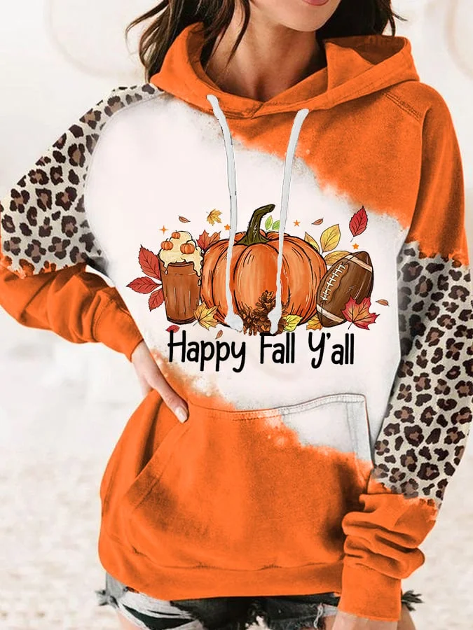 Women's Happy Fall Y‘all Football Pumpkin Leopard Hoodie socialshop