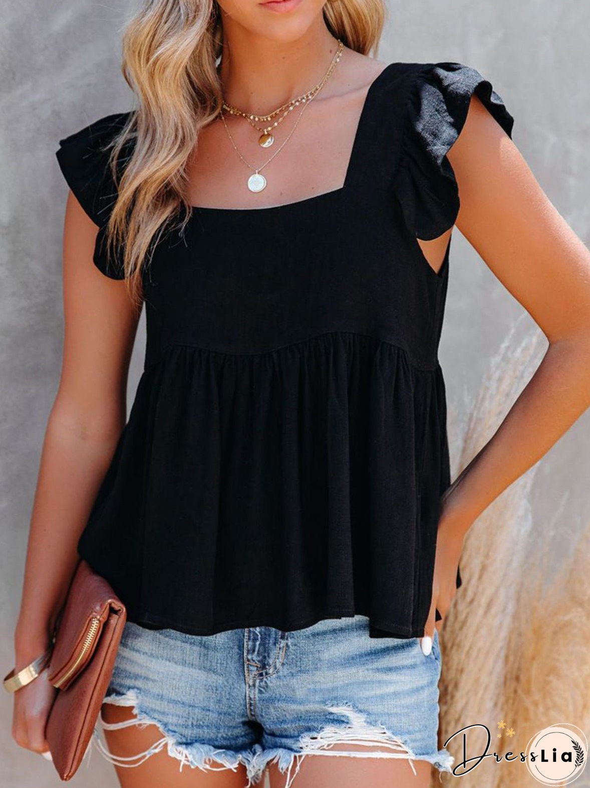 Tank Tops Loose Square Neck Ruffle Sleeve Tank Top for Women