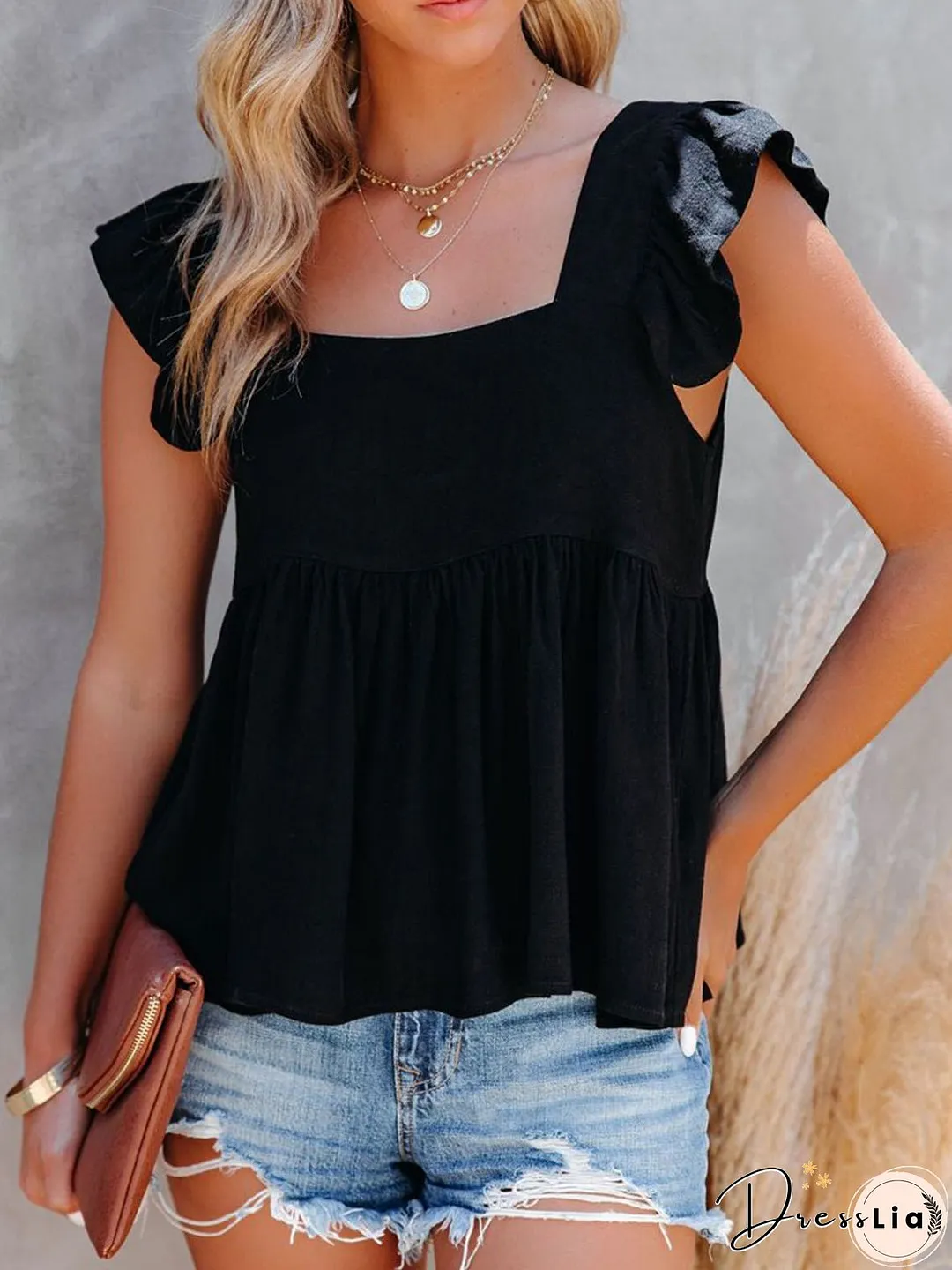 Tank Tops Loose Square Neck Ruffle Sleeve Tank Top for Women