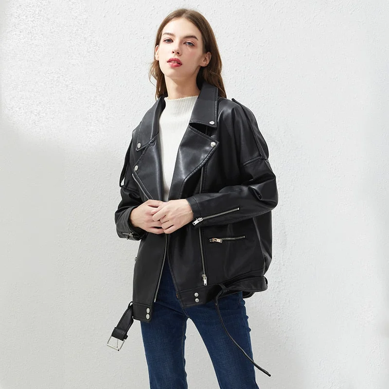 Ailegogo Spring Autumn Oversized Faux Leather Jacket with Belt Women Casual Loose Biker Outwear Female BF Black Leather Coat