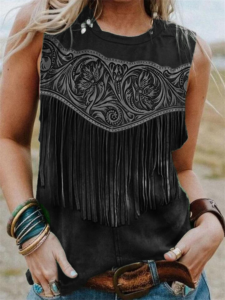 Western Floral Leather Tassels Tank Top Westsshops