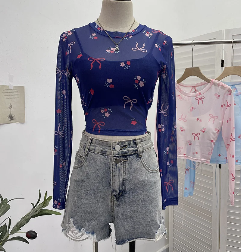 Uveng Real Shooting Bow Print Bare Back Net Yarn Sunscreen Long-Sleeved T-Shirt Hottie With Chest Pads Two Short Tops 8860