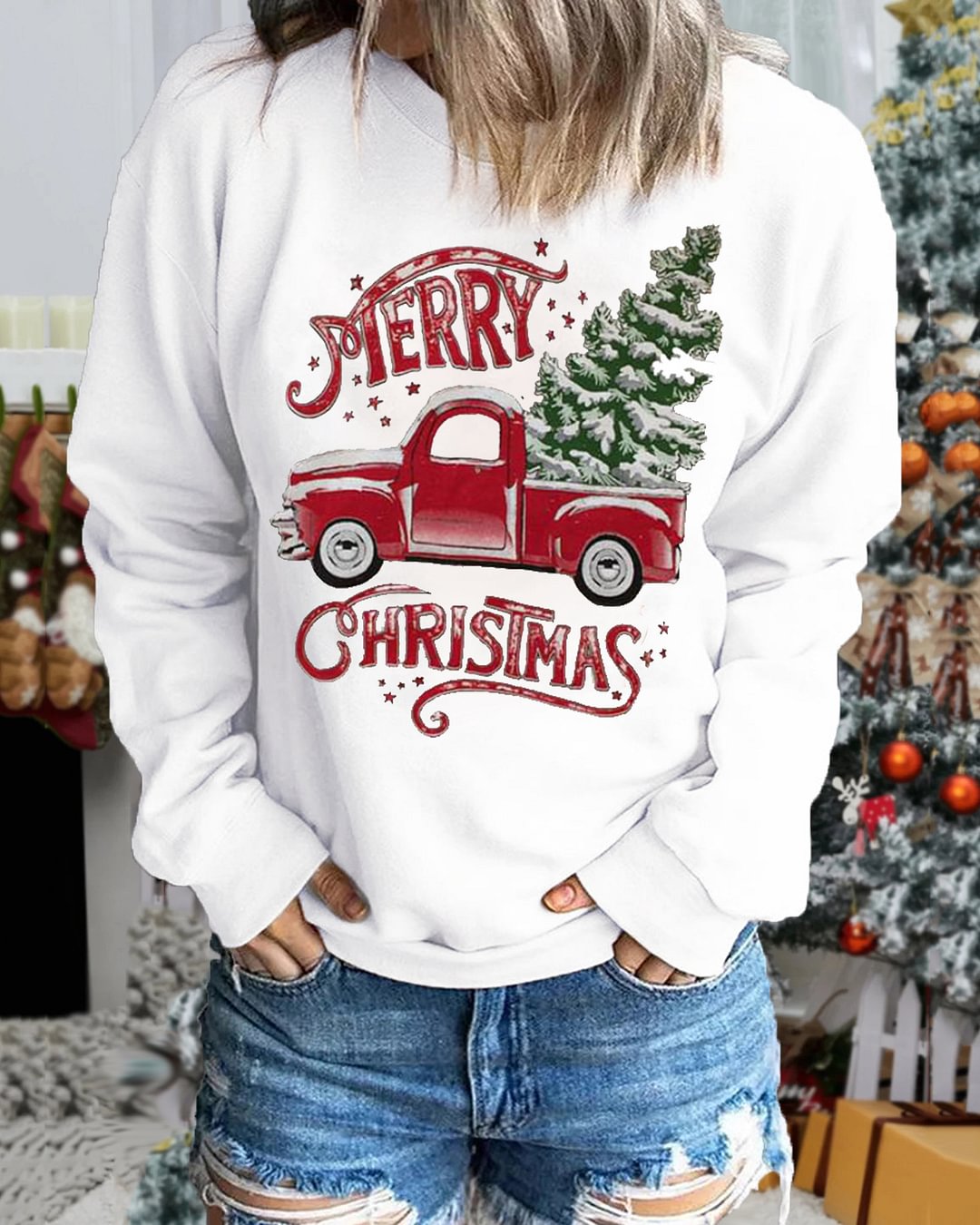 Casual Christmas Car Print Sweatshirt