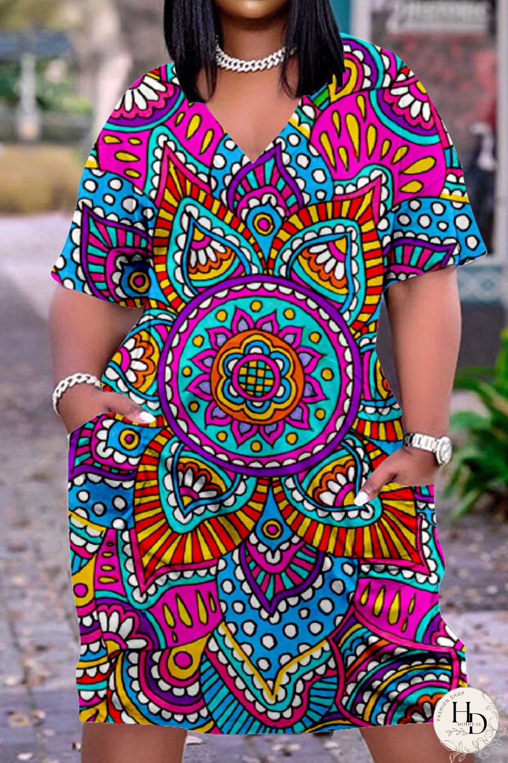 Purplish Blue Fashion Casual Print Basic V Neck Short Sleeve Dress