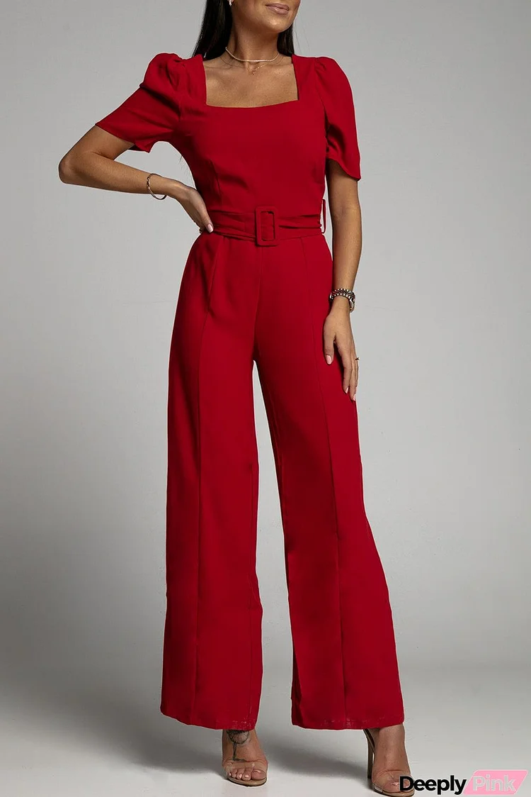 Burgundy Belted Square Neck Puff Sleeve Jumpsuit