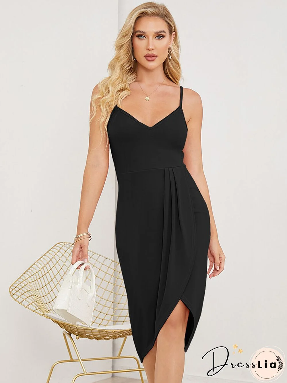 Solid Backles Irregular Pleated Adjustable Strap Sexy Dress