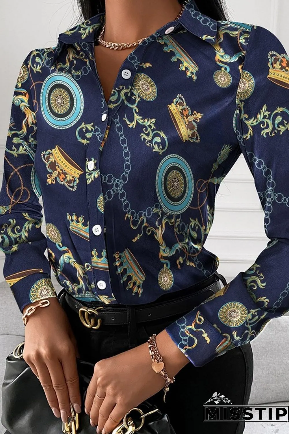 Black Red Casual Print Patchwork Shirt Collar Tops