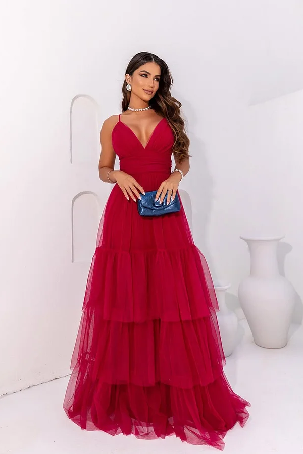 Lisliy Red Sleeveless Spaghetti Straps Deep V-Neck A-Line Prom Dress