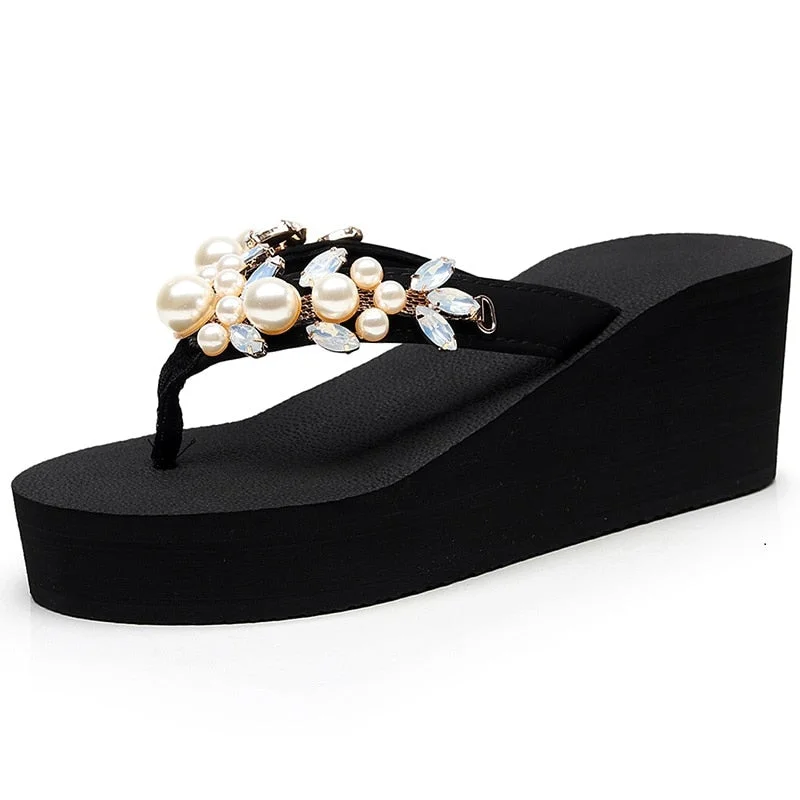 Women Beach Slippers Rhinestone Crystal Flip Flops Outside Slippers 2019 Women Flat Sandals Anti-slip Sandals With High Heels