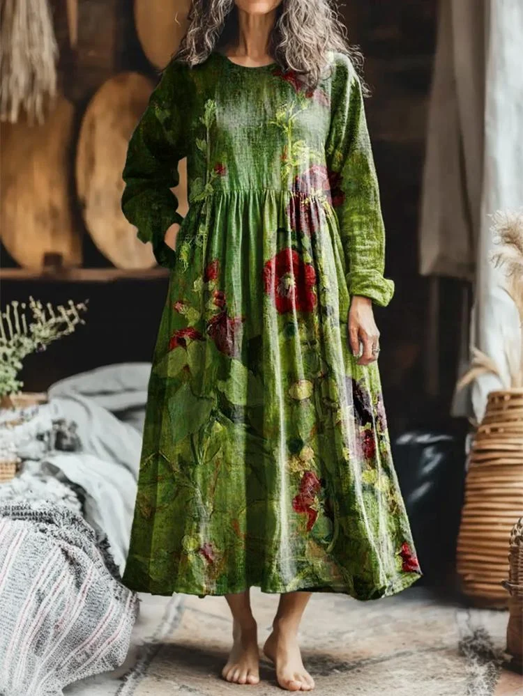 Women's Vintage Oil Painting Floral Art Pattern Print Pocket Cotton Dress