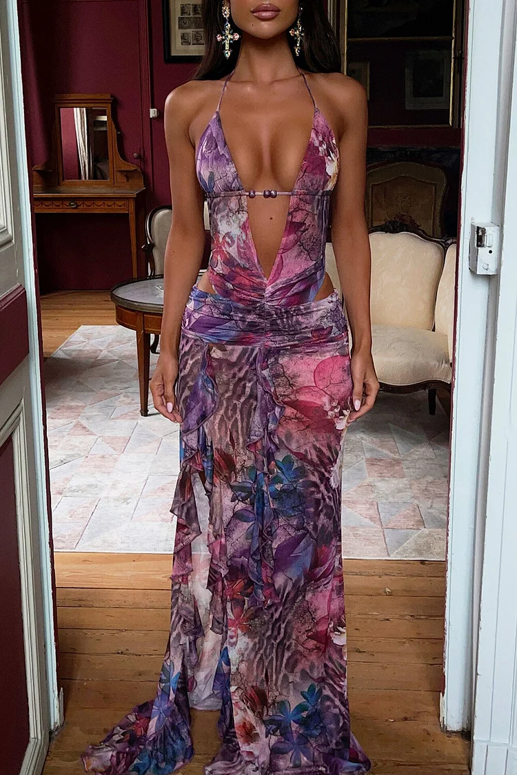 Leopard Floral Print Ruffled High Slit Halter Maxi Dresses-Purple [Pre Order]