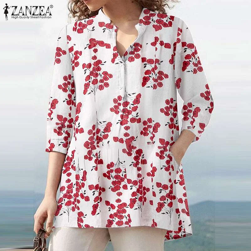 2022 ZANZEA Summer Vintage Floral Printed Blouse Women Elegant Casual 3/4 Sleeve Shirt Bohemian Holiday Blusas Female Tunic Tops
