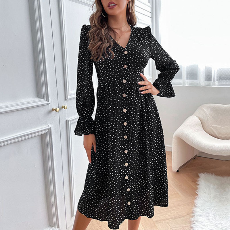 Mature Women Fall & Winter Wave Dot Long Sleeve Casual Dress