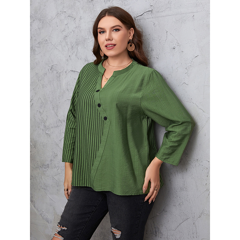  thdmladies Plus Size Solid Striped Long Sleeve Top thedmladies